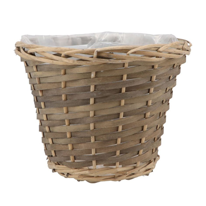 A lovely brown wicker plant holder with an inner lining. 