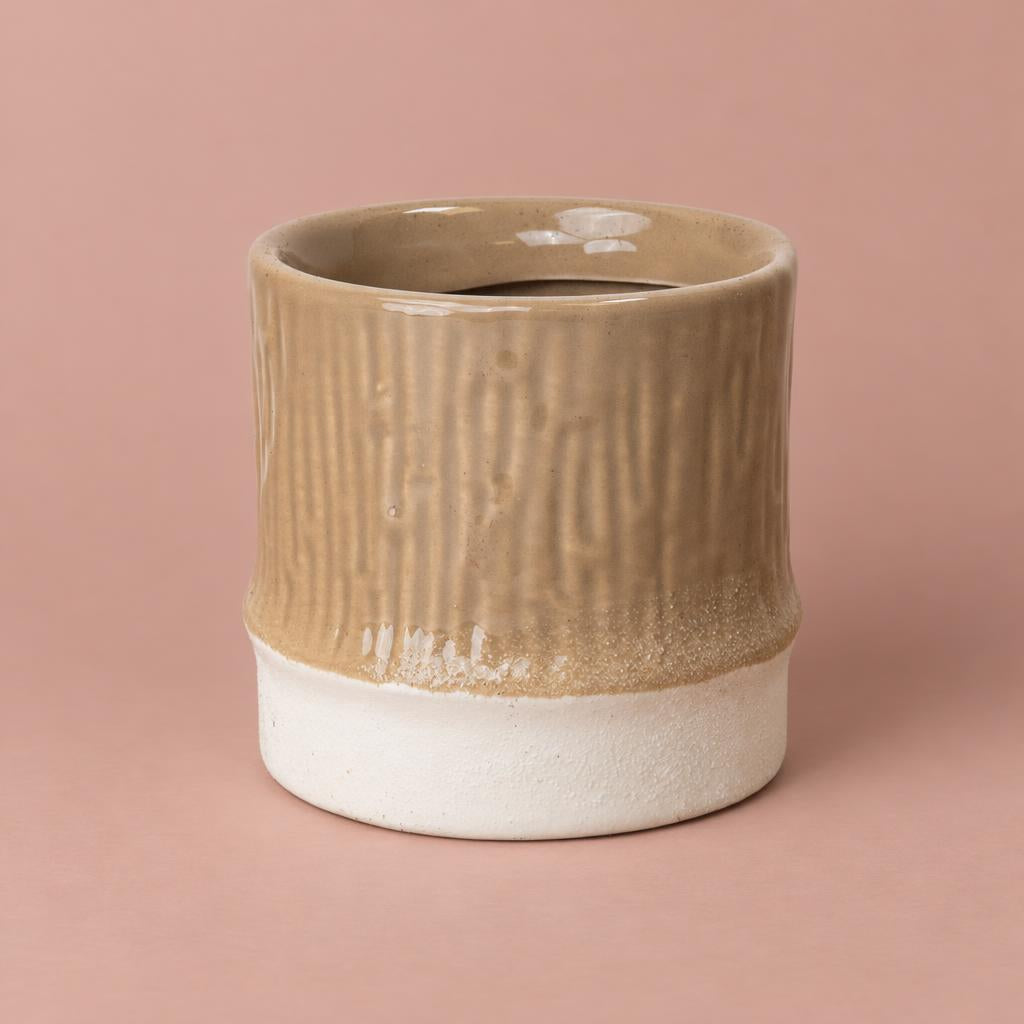 Big Dipped Top Mushroom pot with a textured white base and brown glazed top