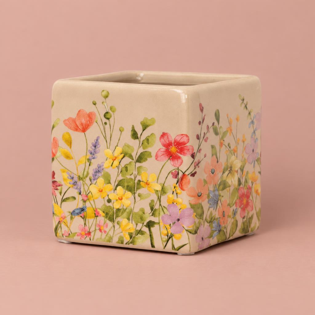 Stone Floral Portuguese Pot with a floral pattern on a soft green background