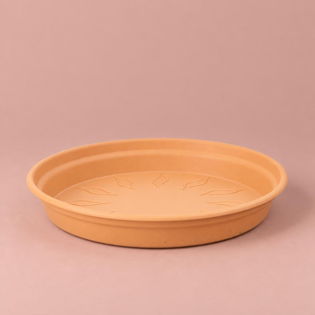Elho round plastic plant saucer in terracotta