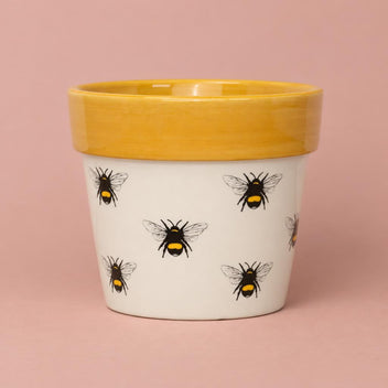 Yellow, white and black Bumble Bee ceramic plant pot