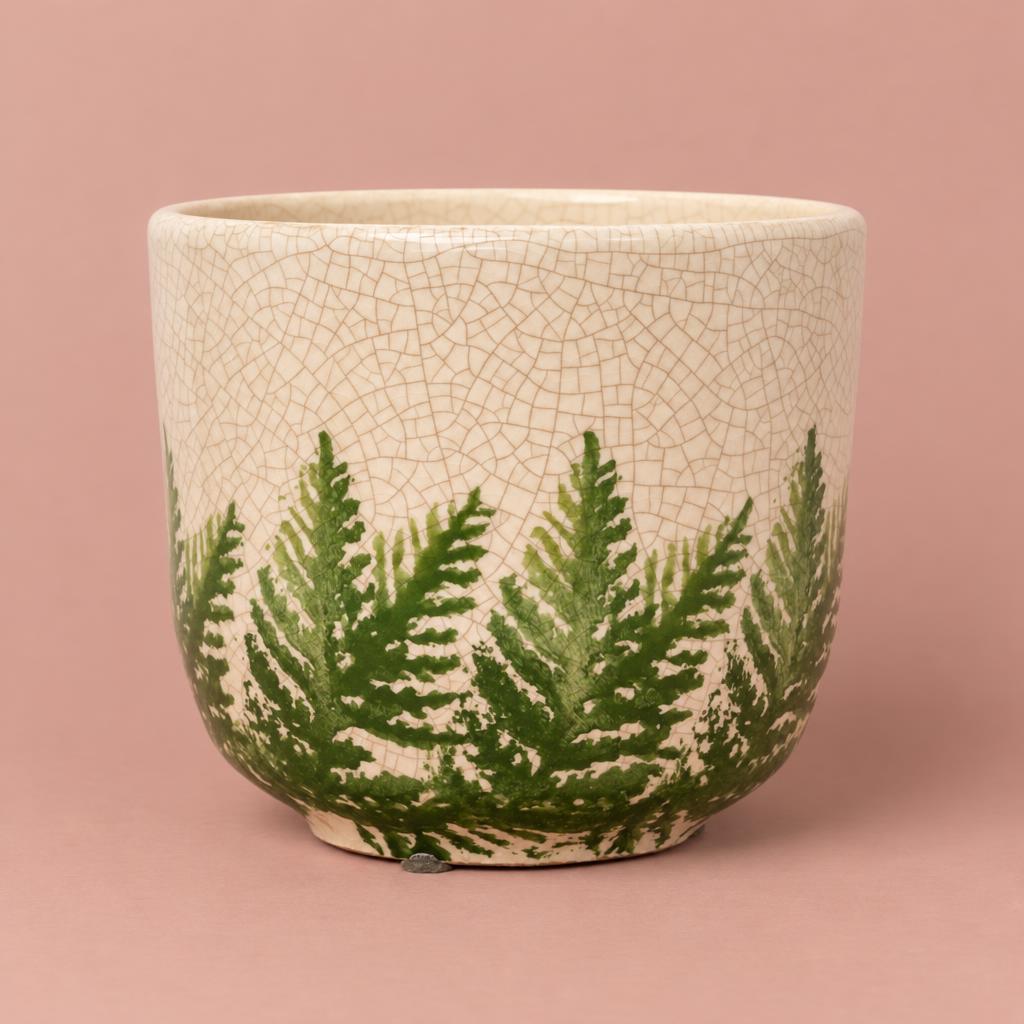 Veneto Fern ceramic pot with a white grid-patterned upper section and fern print below