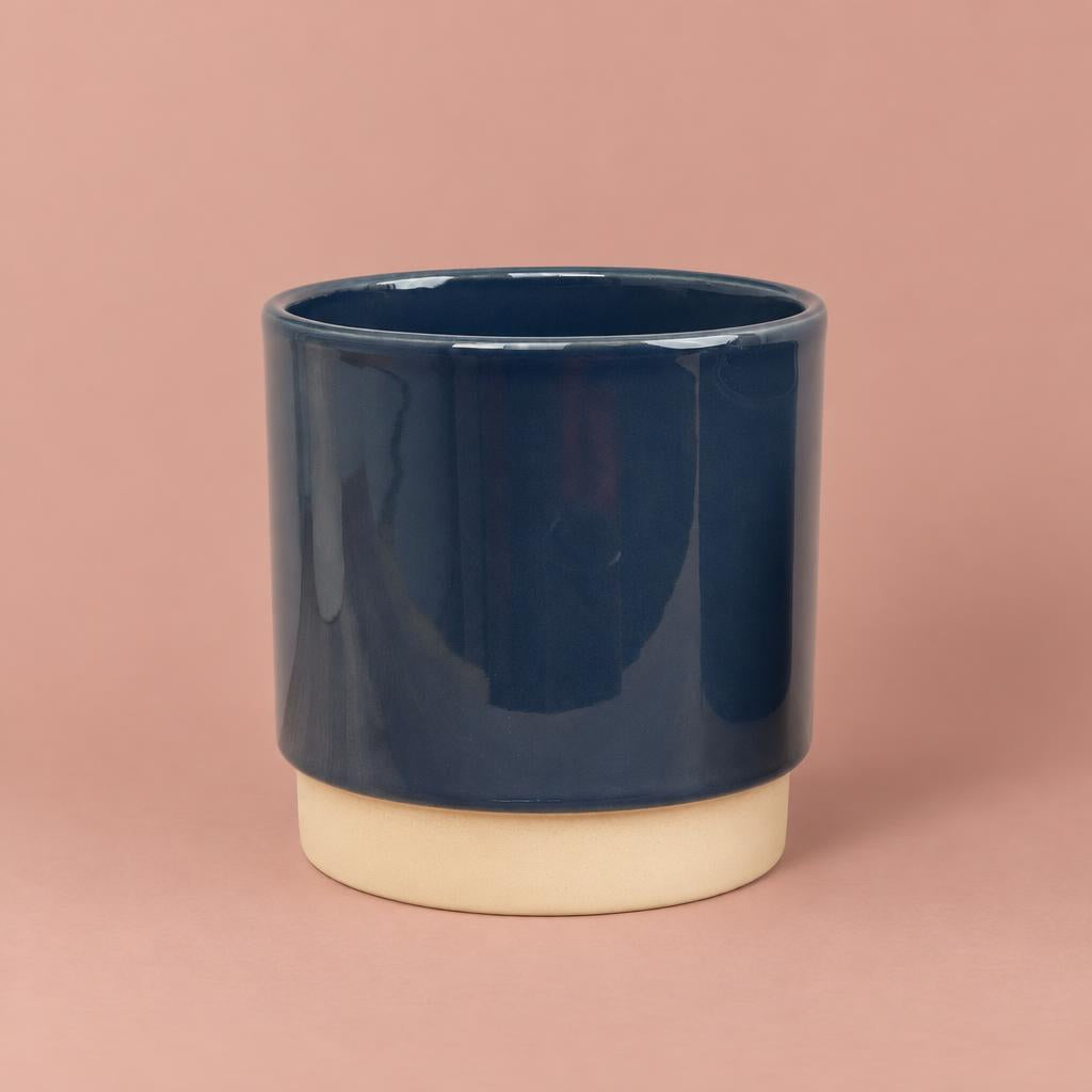 Eno plant pot in blue with a banana yellow lower quarter