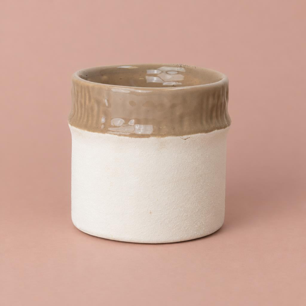 Little Dipped Top Mushroom pot with a textured white base and brown glazed top