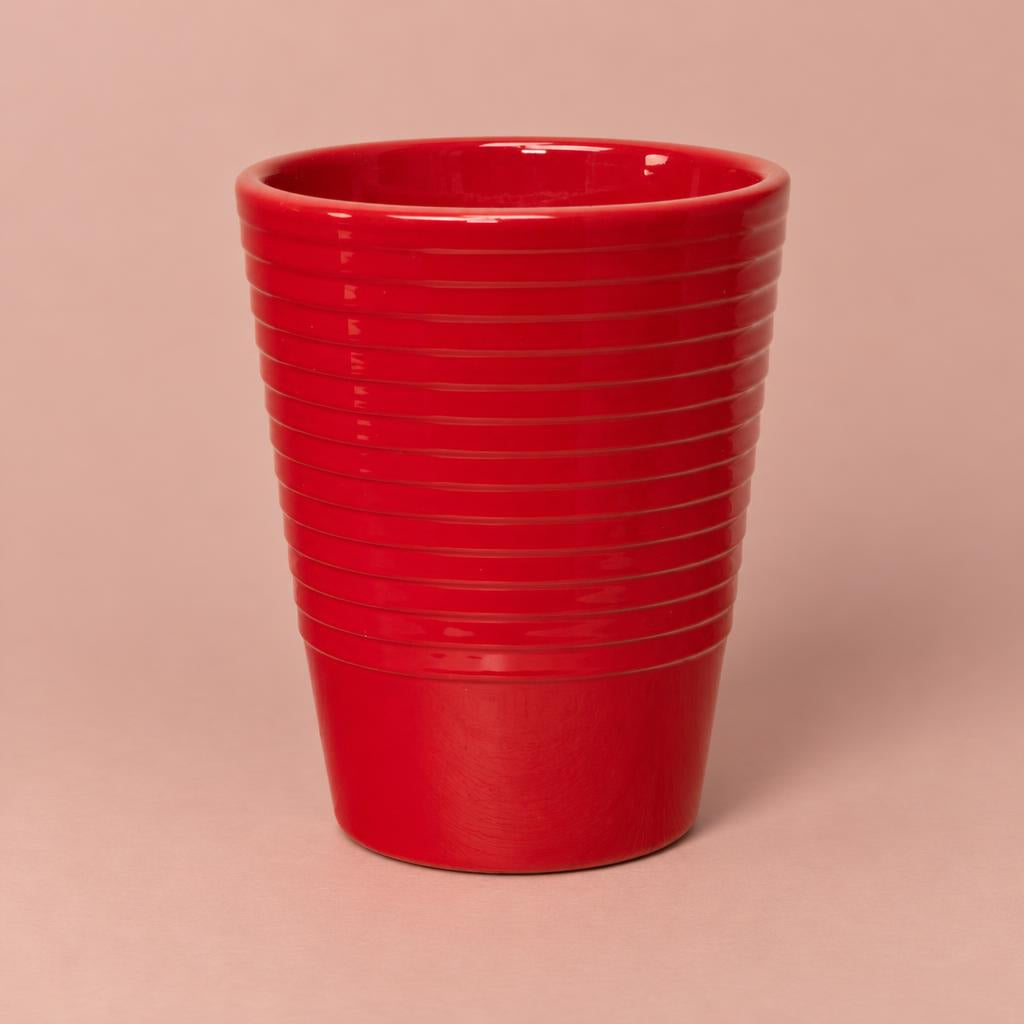 Red Slimline Ribbed ceramic plant pot