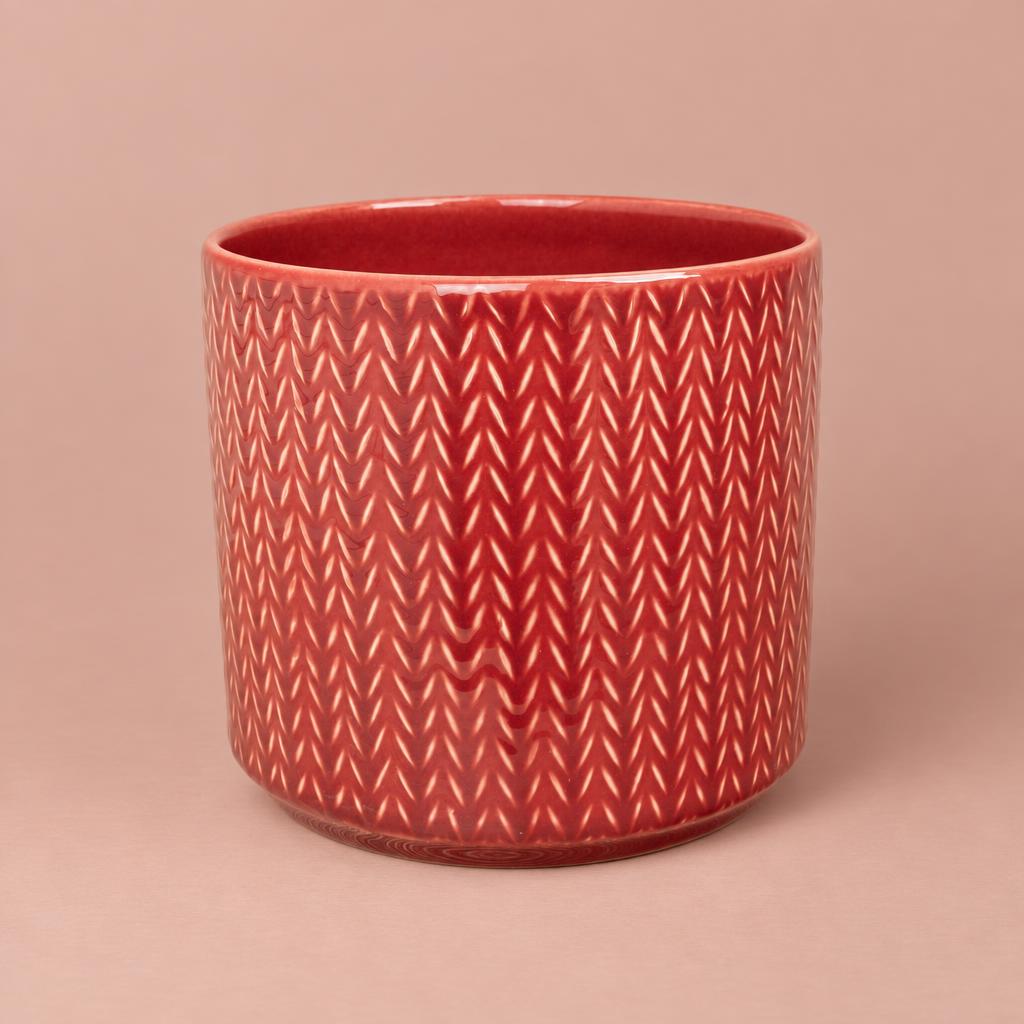 Ruby Red Chevron pot with a white chevron pattern