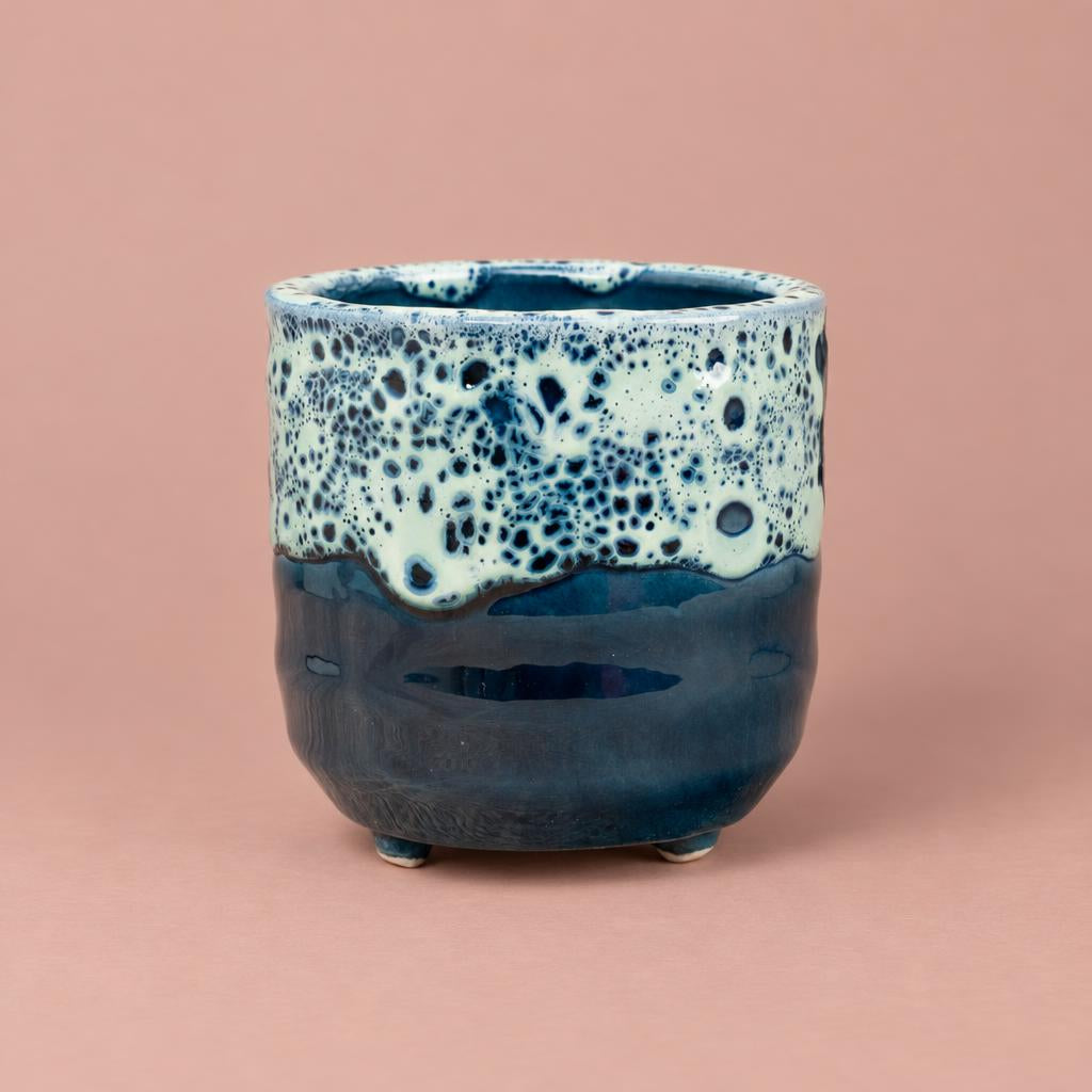 Sapphire Reactive Glaze Pot with light and dark blue tones