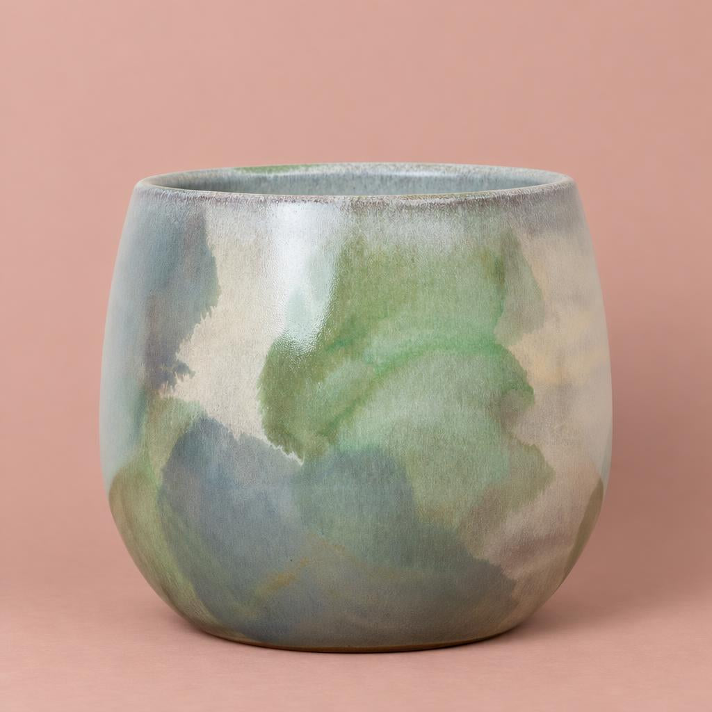 Lola Abstract Watercolour pot in green with softly blended sage, olive and neutral tones