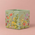 Green Floral Portuguese Pot with a square shape and colourful floral decoration