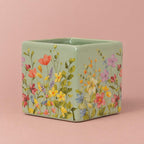 Green Floral Portuguese Pot with a square shape and colourful floral decoration