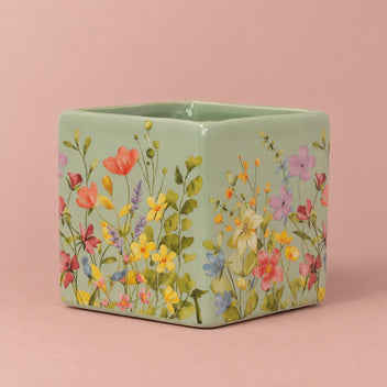 Green Floral Portuguese Pot with a square shape and colourful floral decoration