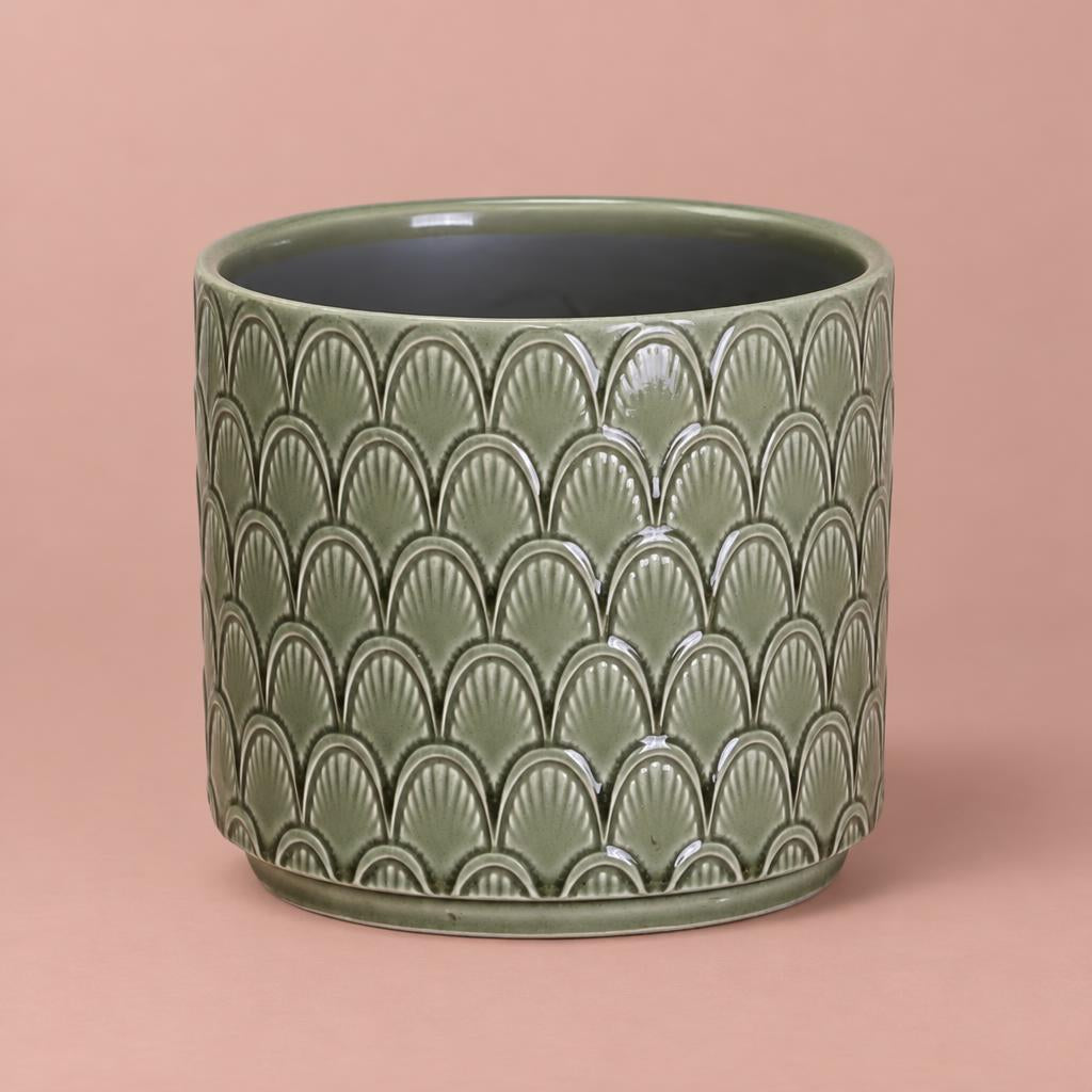Green Gatsby ceramic pot with a glossy sage-green glaze and raised scallop pattern