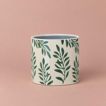 Olive Pot with a cream base and leafy green pattern