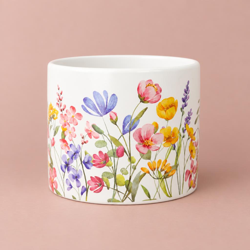 Floral Fiori pot with a glossy white background and meadow flower and foliage decoration