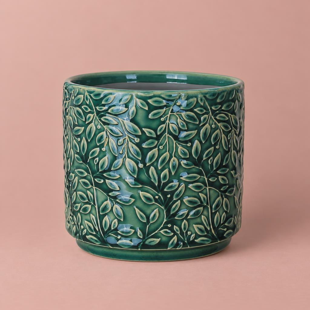 Arbor indoor plant pot in green with a botanical glazed design