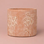 Hallie terracotta-pink pot with an etched tree pattern