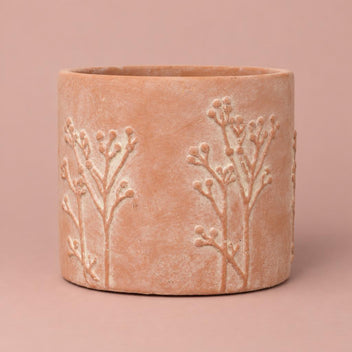 Hallie terracotta-pink pot with an etched tree pattern