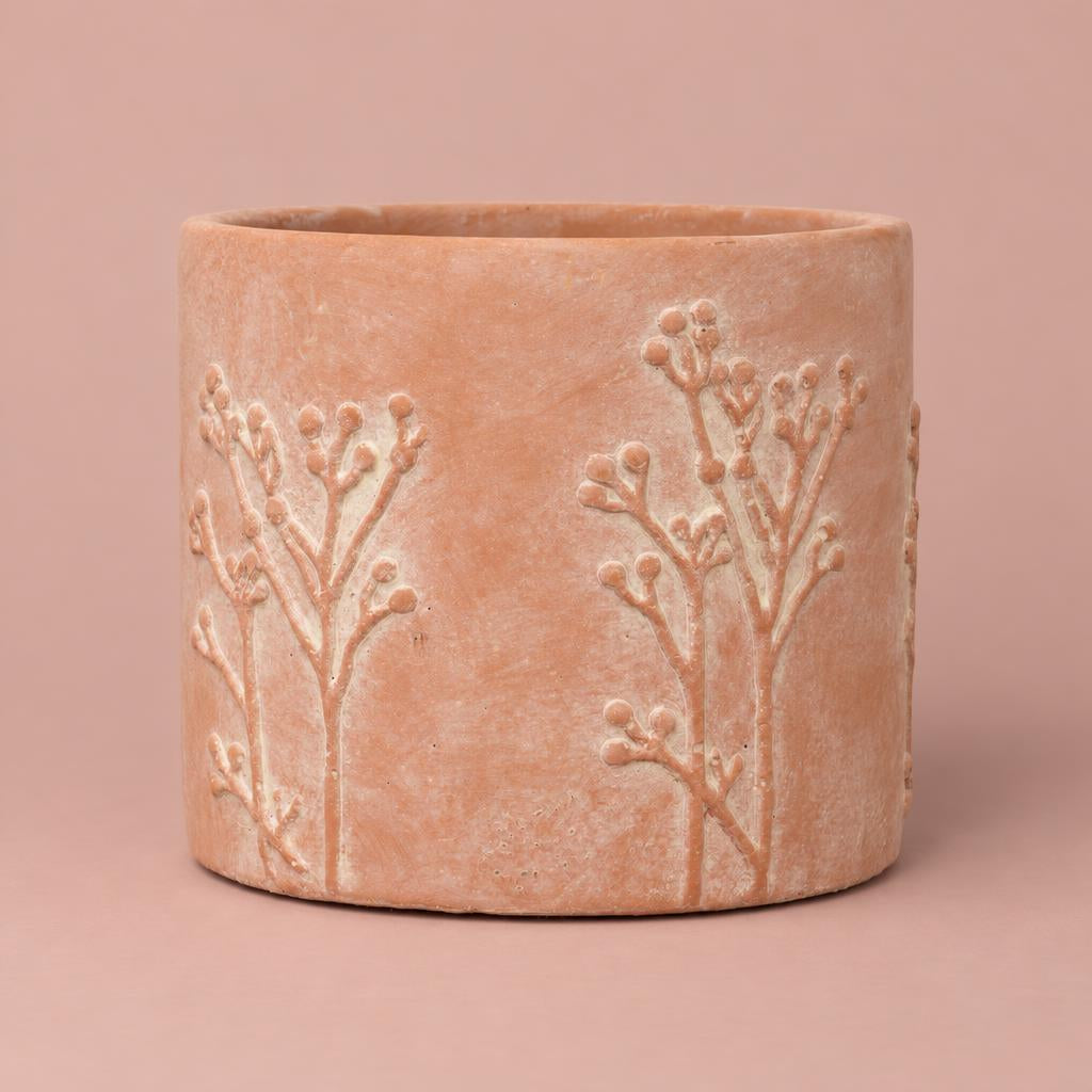 Hallie terracotta-pink pot with an etched tree pattern
