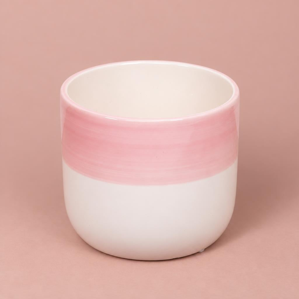 Metia Minimal Pink pot with blush stripes and a creamy-white lower section