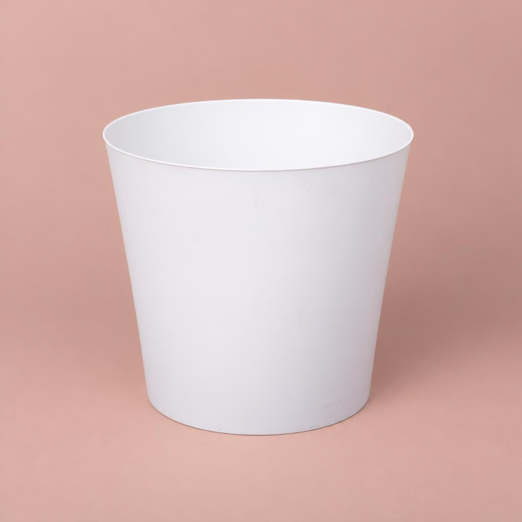 Jemima white plastic plant pot cover with a minimalist design