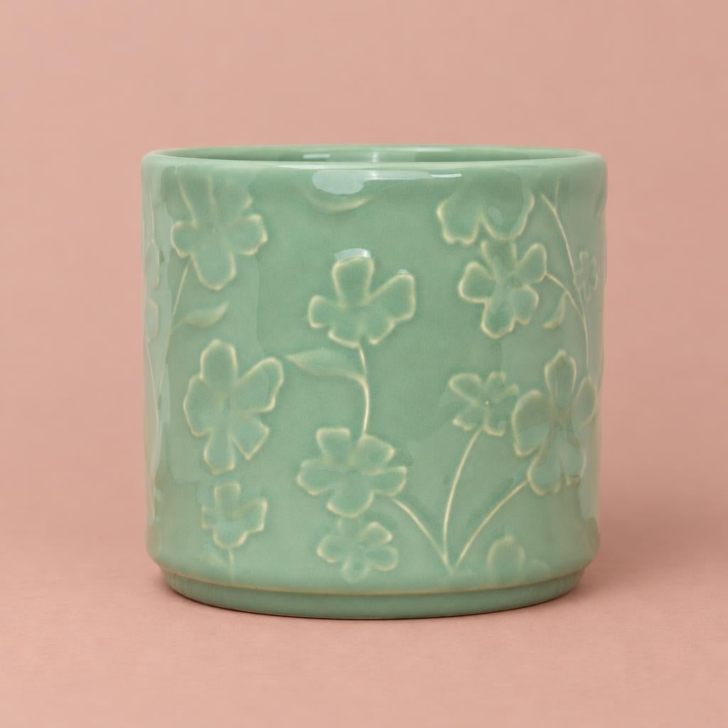 Betsy mint plant pot with embossed floral decoration