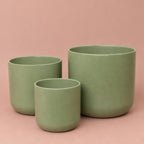 Three Sage Green Lisbon ceramic plant pots with curved shapes