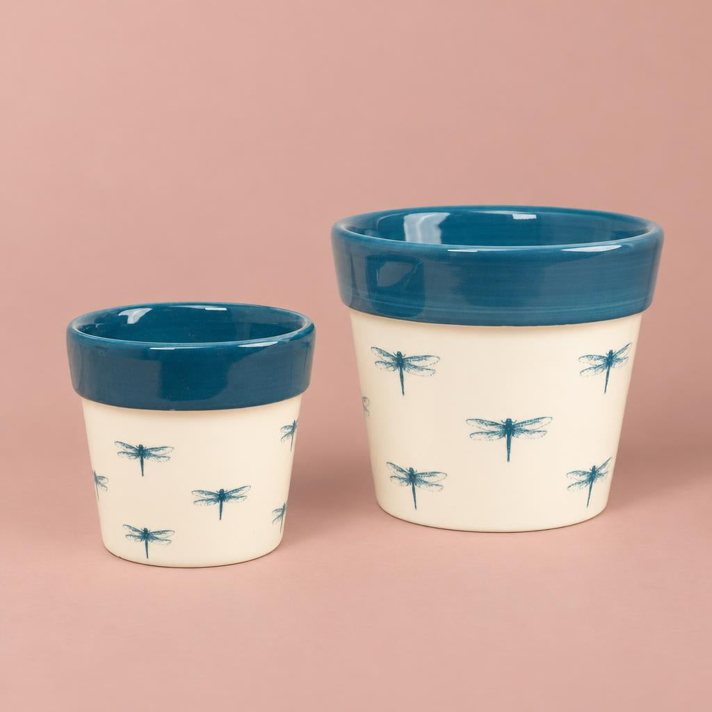 Ocean Blue Dragonfly ceramic pot with pastel decoration