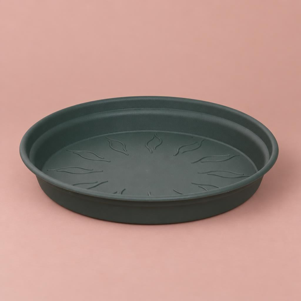 Elho round plant saucer in dark green