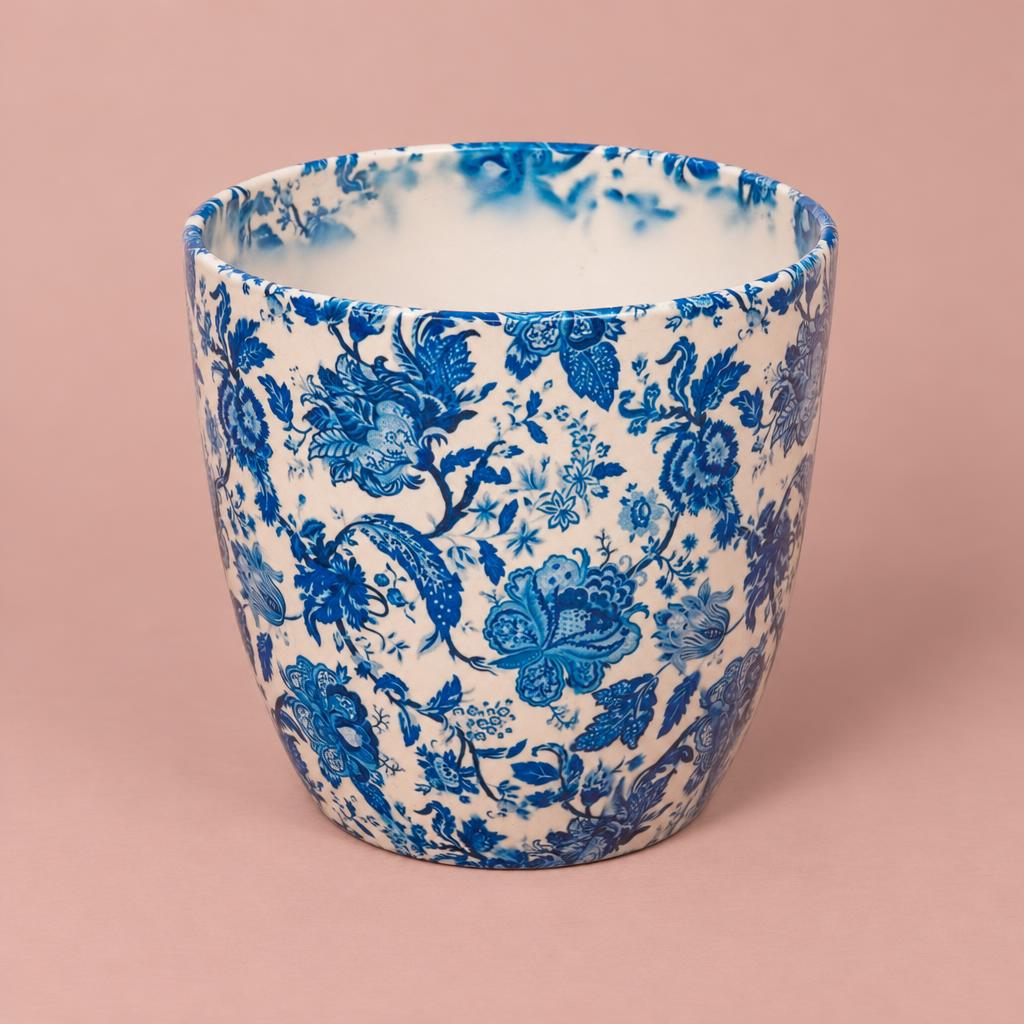 Monza Vintage Blue plant pot with blue floral patterns on white