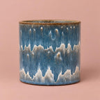 Dora Reactive Stripe ceramic pot with navy blue and cream horizontal bands