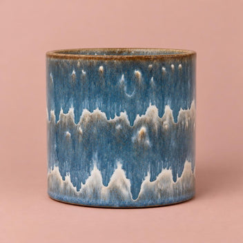 Dora Reactive Stripe ceramic pot with navy blue and cream horizontal bands