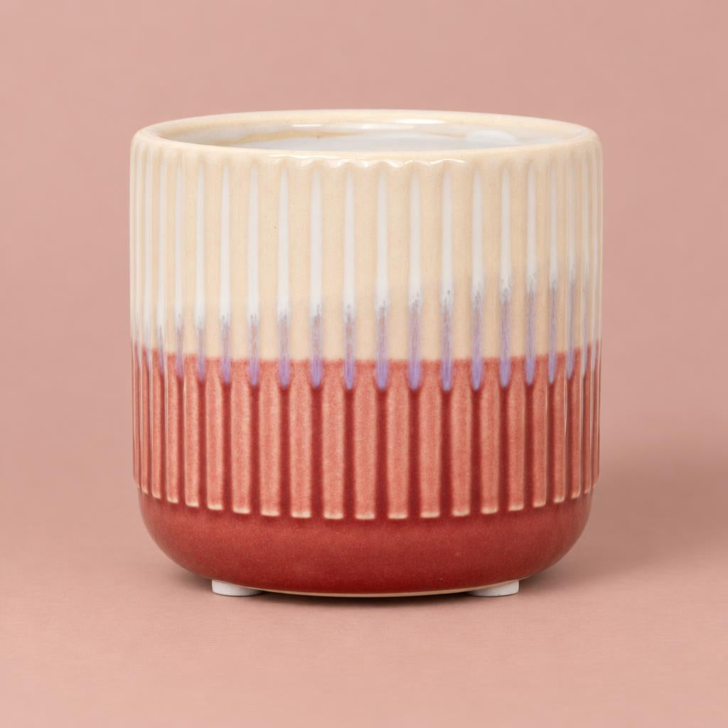 Dinky Dave pink and cream plant pot with vertical ribbing