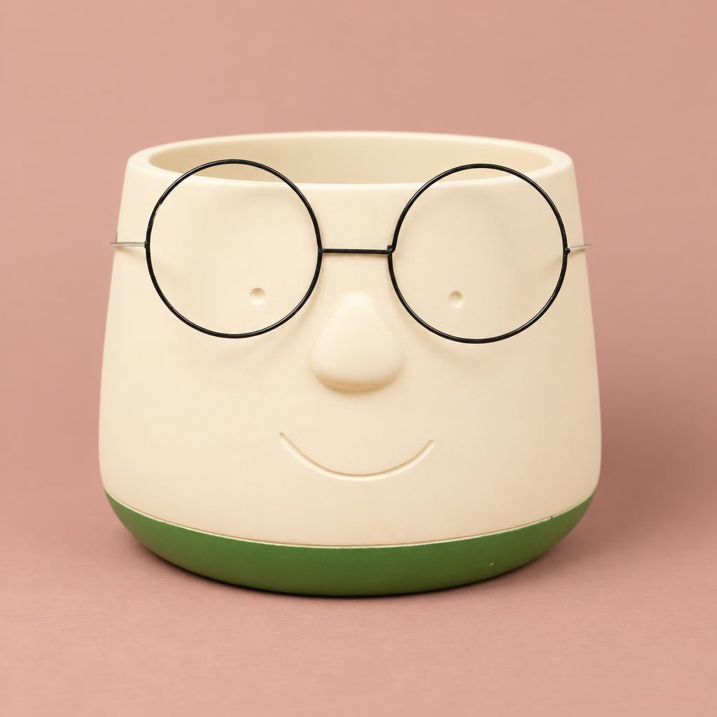 Green Happy Plant Pot with Glasses