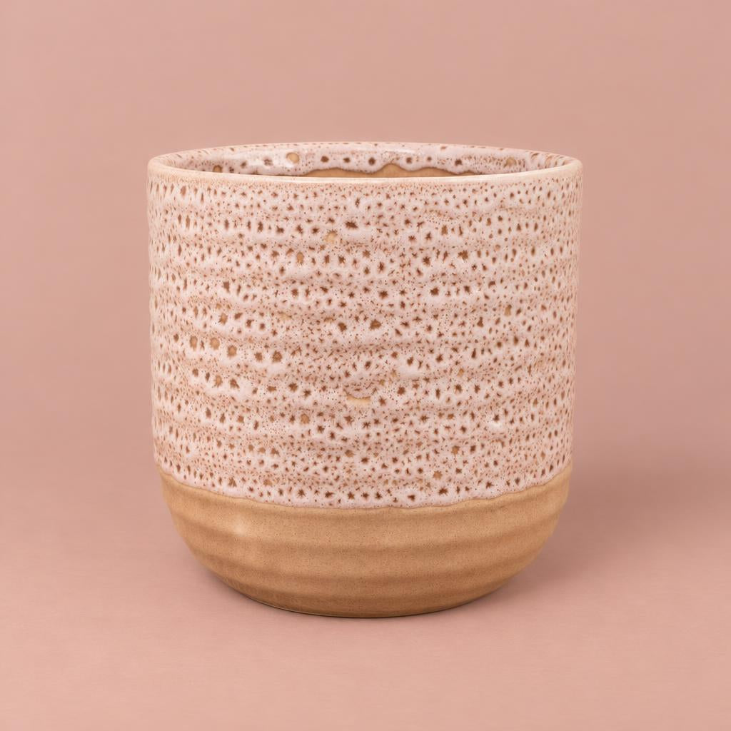 Pink Morganite Glaze Pot with lunar-crater-inspired pattern