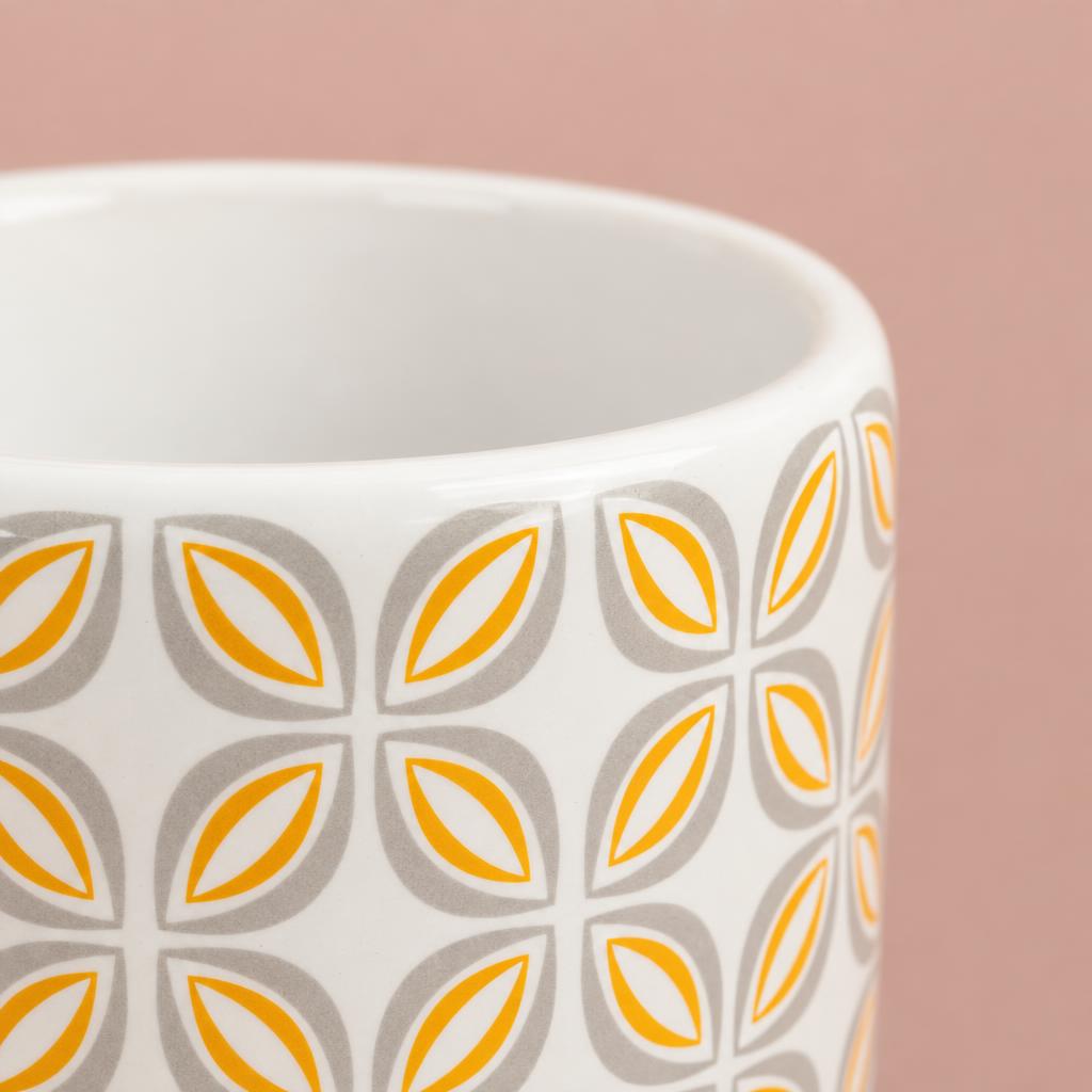 Mustard yellow and grey oval detailing on the white Retro Geometric plant pot