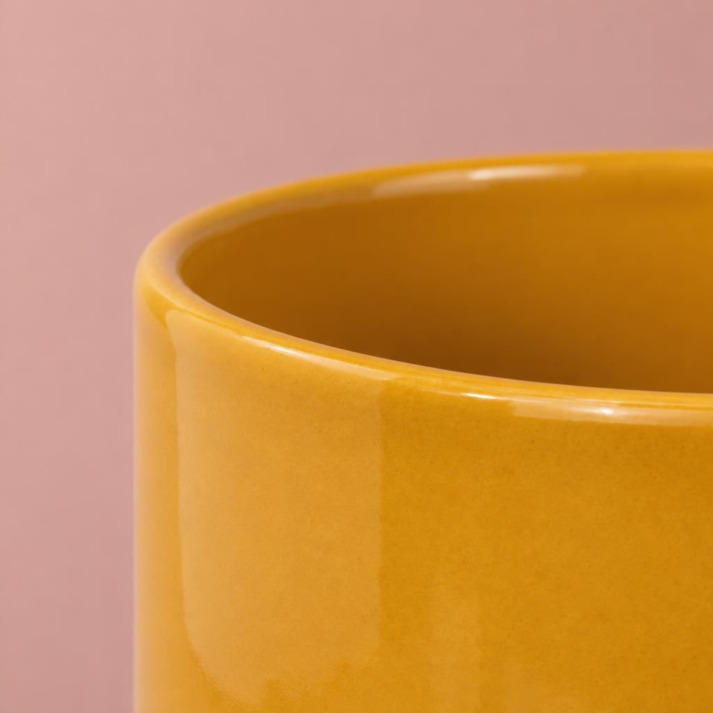 Mustard Eno plant pot with a contrasting beige base