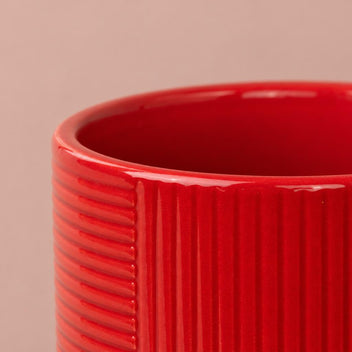 Red Grooves plant pot with a textured exterior