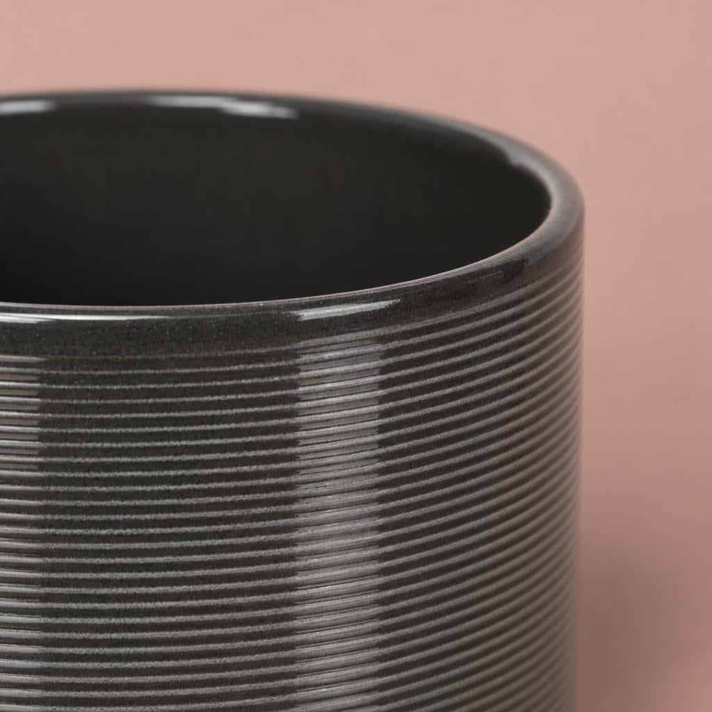 Glossy charcoal-grey Classic Ceramic Pot with fine ribbed detailing