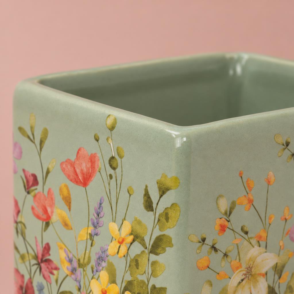 Floral Portuguese Pot with a floral pattern against a soft green background
