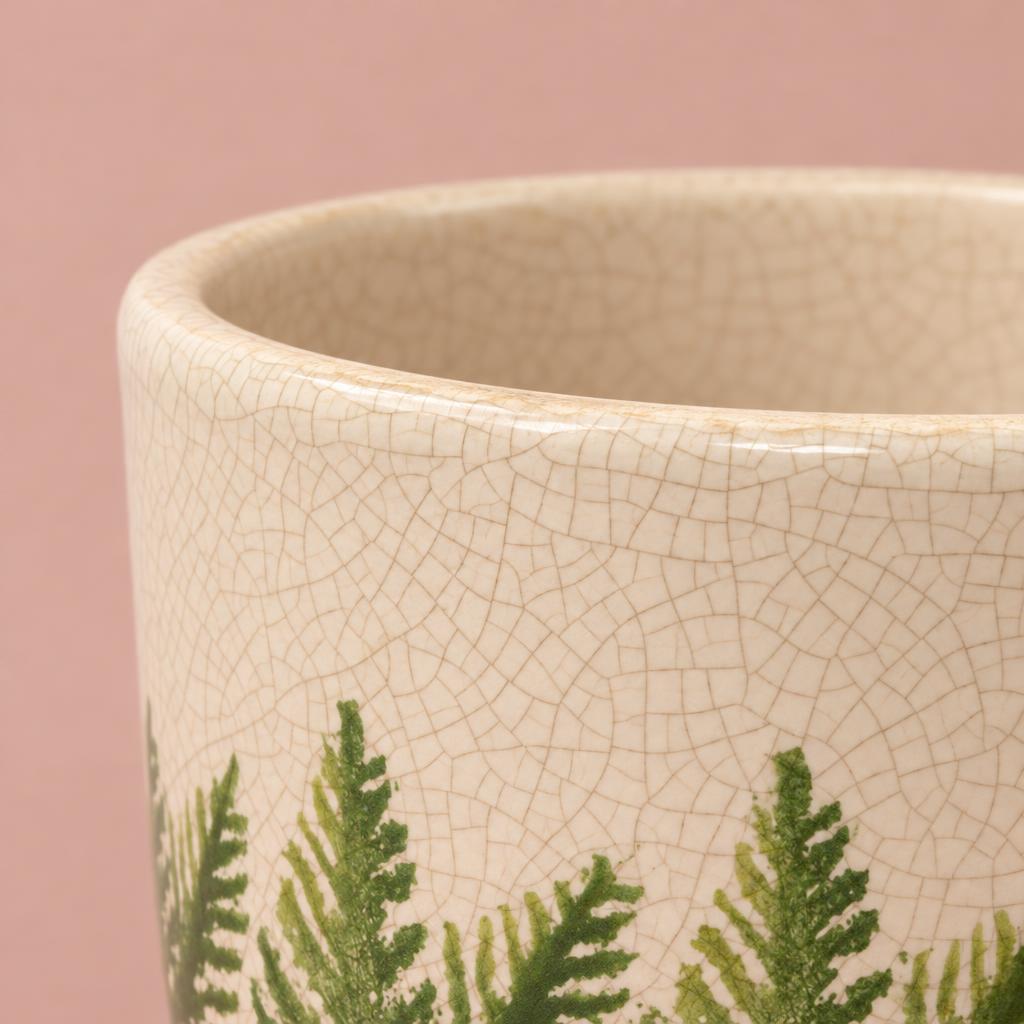 White Veneto Fern ceramic plant pot with a green fern pattern
