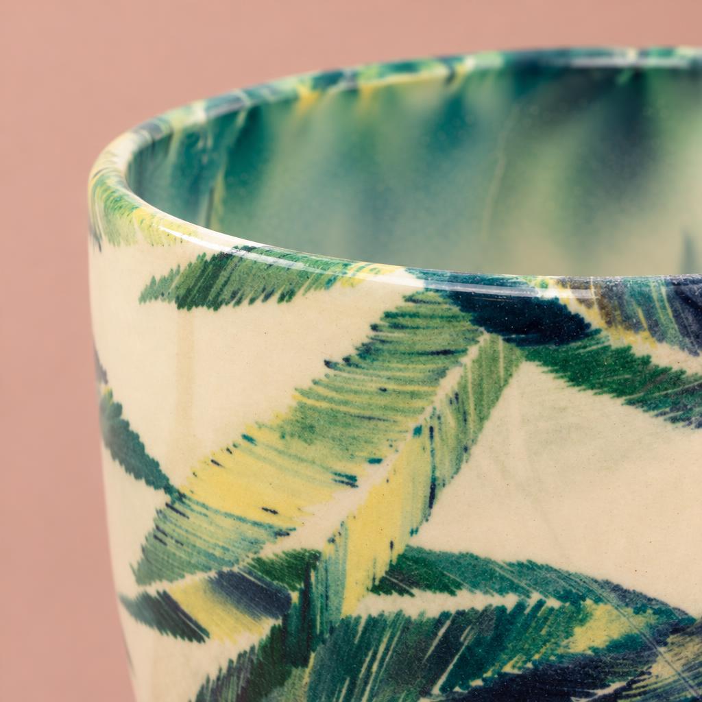 Monza pot with botanical decoration in dark blue and sunshine yellow tones