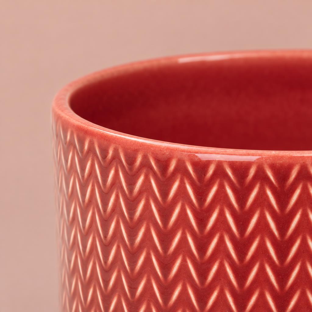 Chevron ceramic plant pot in Ruby Red with white chevrons