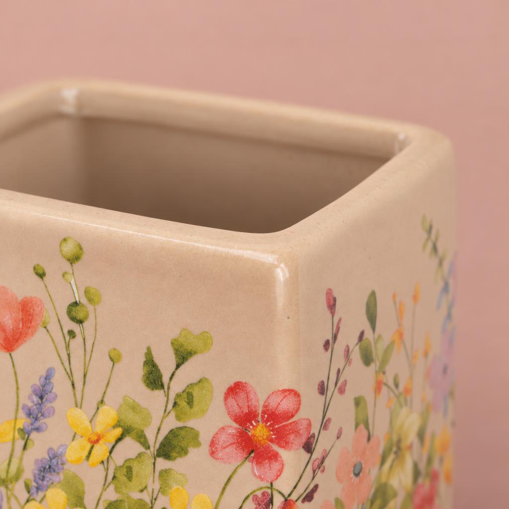 Square Floral Portuguese Pot in Stone with colourful floral decoration