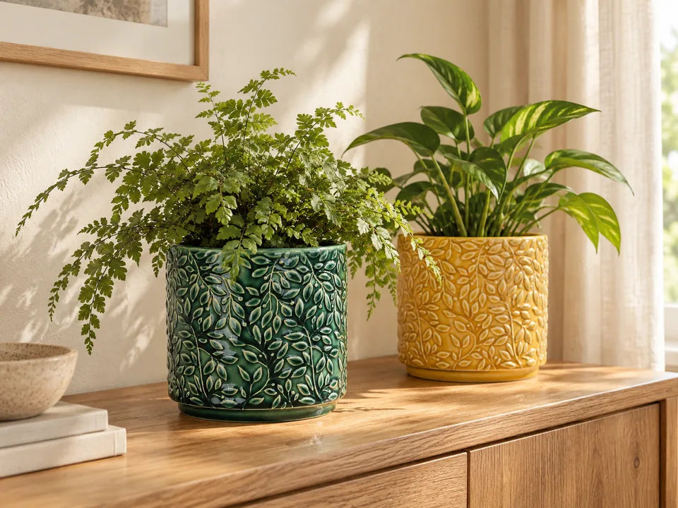 Green and yellow Arbor pots with embossed leaf patterns styled with houseplants on an oak console