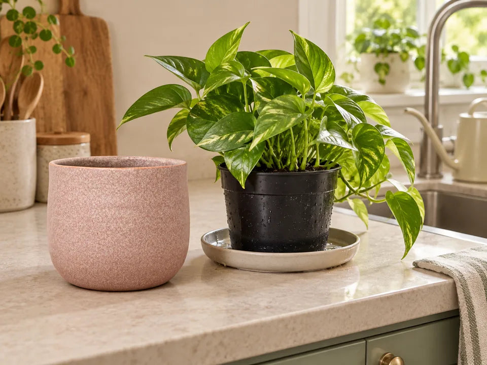 A black nursery pot and leafy houseplant lifted out of a pink decorative pot beside a sink
