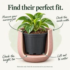 Size guide: measure the nursery pot’s widest rim and height, check the decorative pot’s inside width and depth, and lift the nursery pot out to water. Illustration only; check measurements for your chosen size.